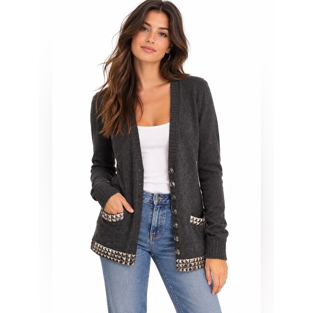 Y2K Studded Cotton Cashmere Cardigan XS Rock Glam Long Sweater